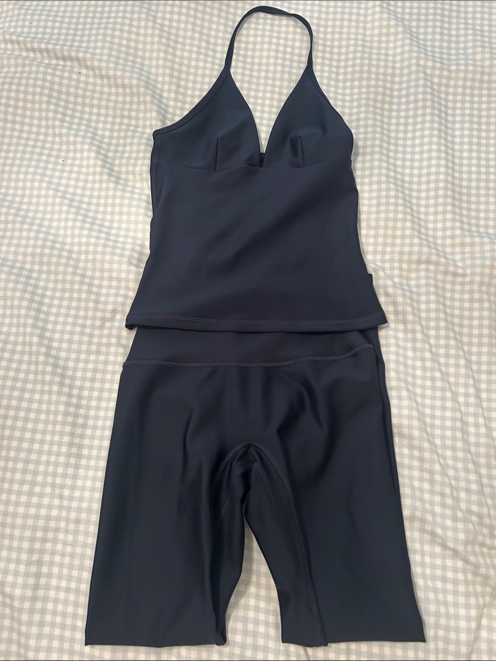 TNA Navy Gloss Halter Tank & Biker Short Set